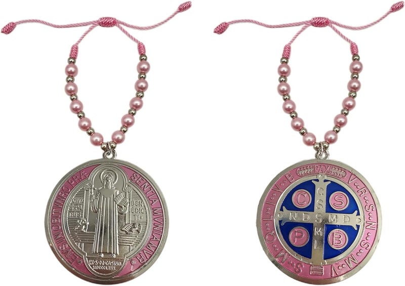 Bovemee Escapularios Catolicos,2PCS Golden Saint Benedict Medal Protection Blessing Charm, St Benedict Crucifix, Catholic Handmade Jewelry Gift Car Hanging Home Decor (2PCS Pocket Pink) - Image 1